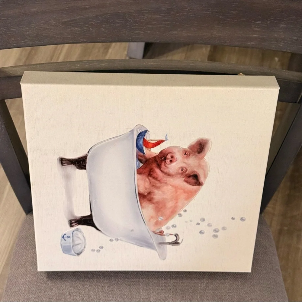 Whimsical Pig in Bathtub Canvas Art 12in x 12in